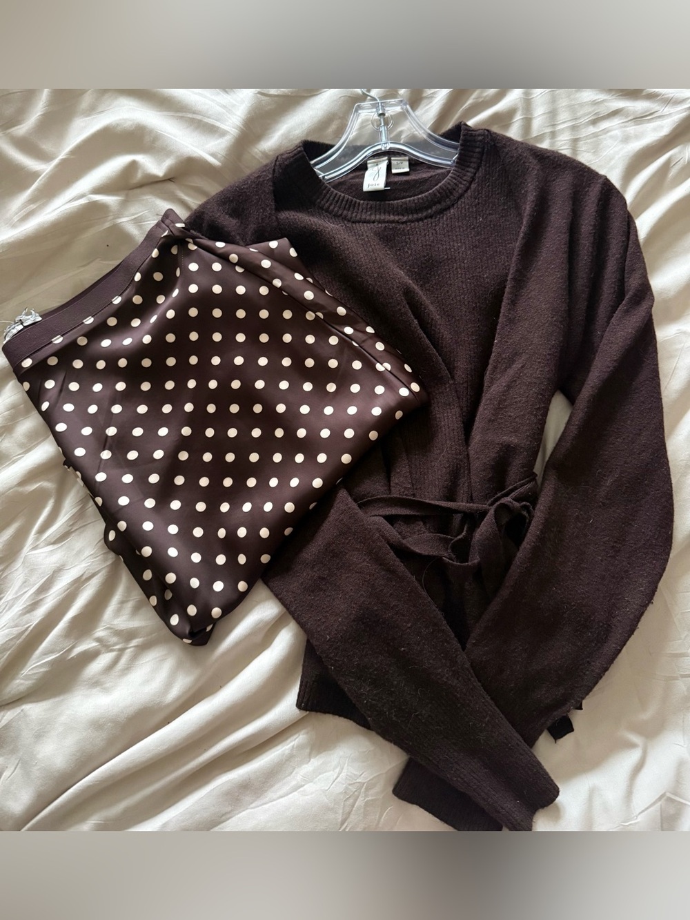 Joie Dark Brown Crewneck Tie-Waist Sweater with polka dot skirt set